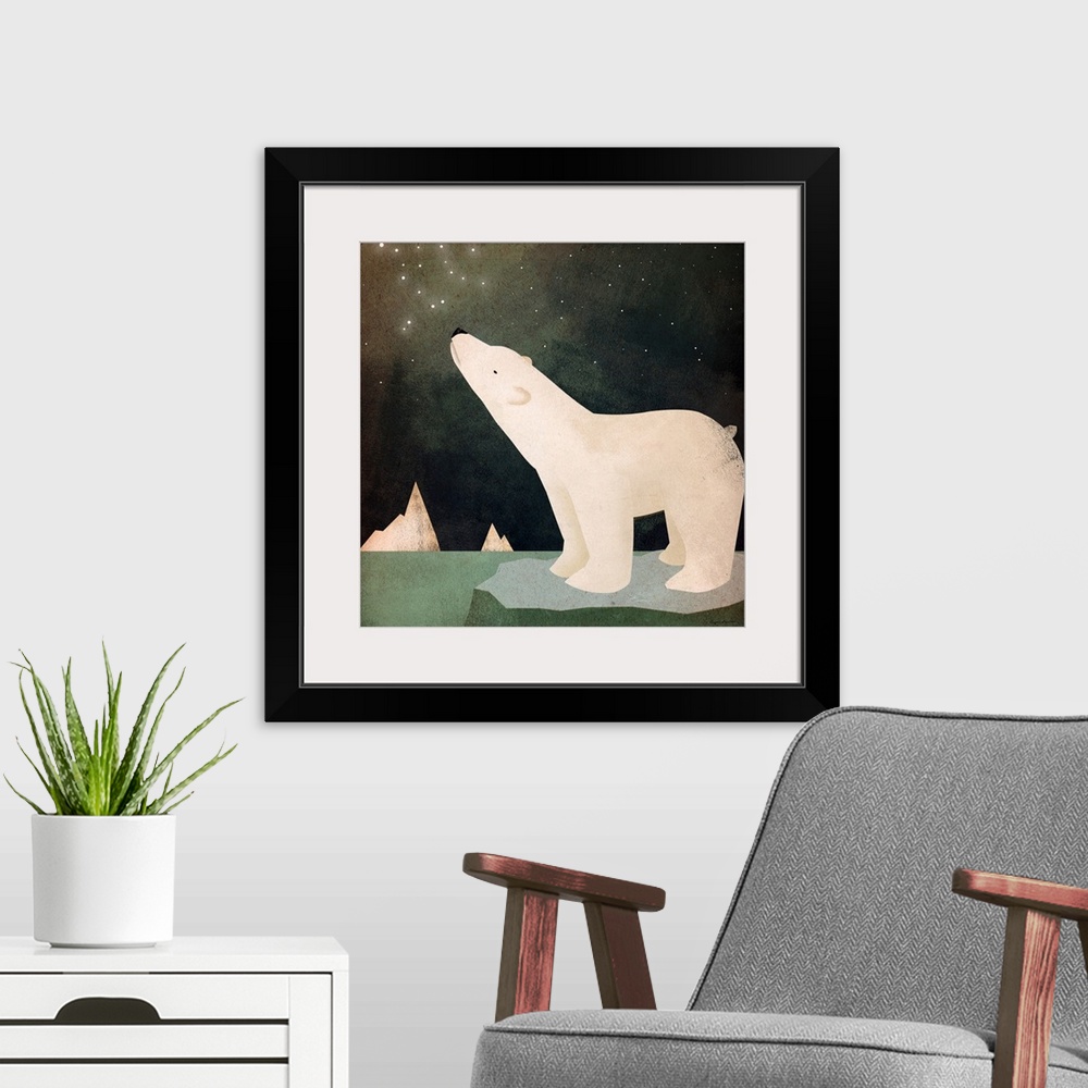 A modern room featuring A polar bear on an ice floe looking up at stars in the sky.