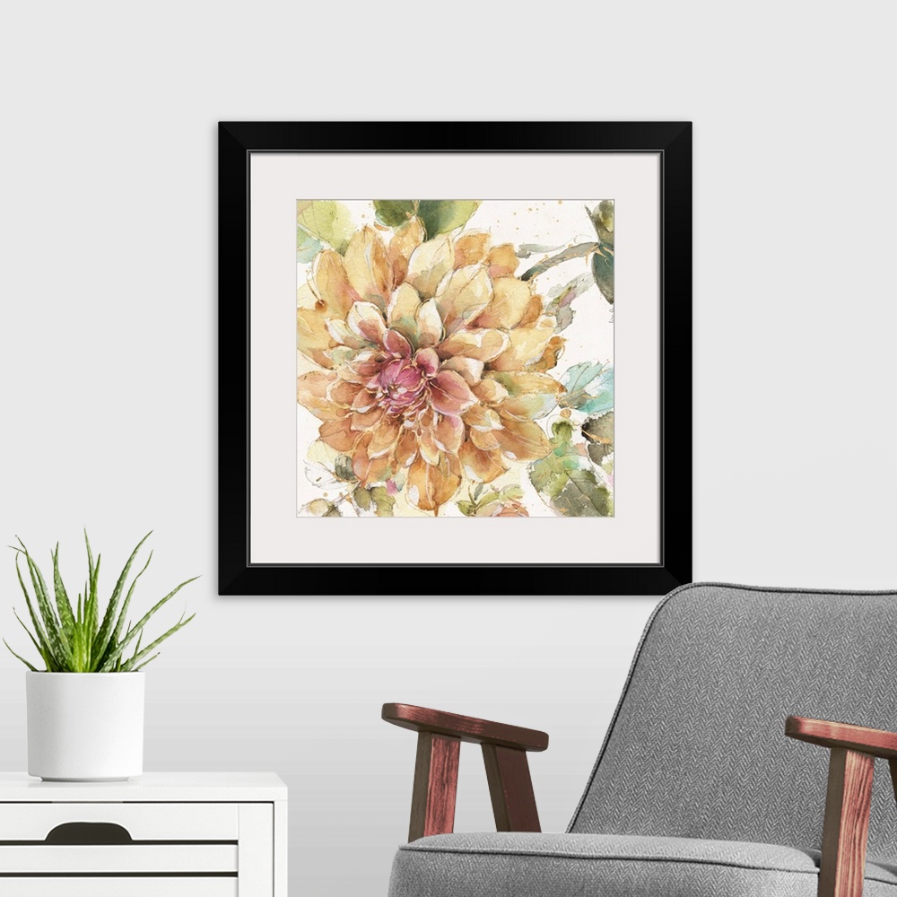 A modern room featuring Floral square watercolor painting with metallic gold highlights on a white background with gold p...