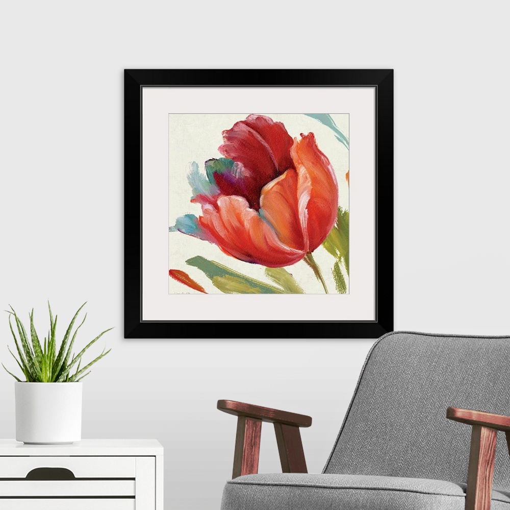 A modern room featuring Contemporary painting of flower blossom with background full of thick colorful random brush strokes.