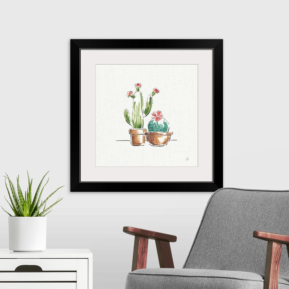 A modern room featuring Illustration of two potted cacti with pink flowers on a white and gray square background.