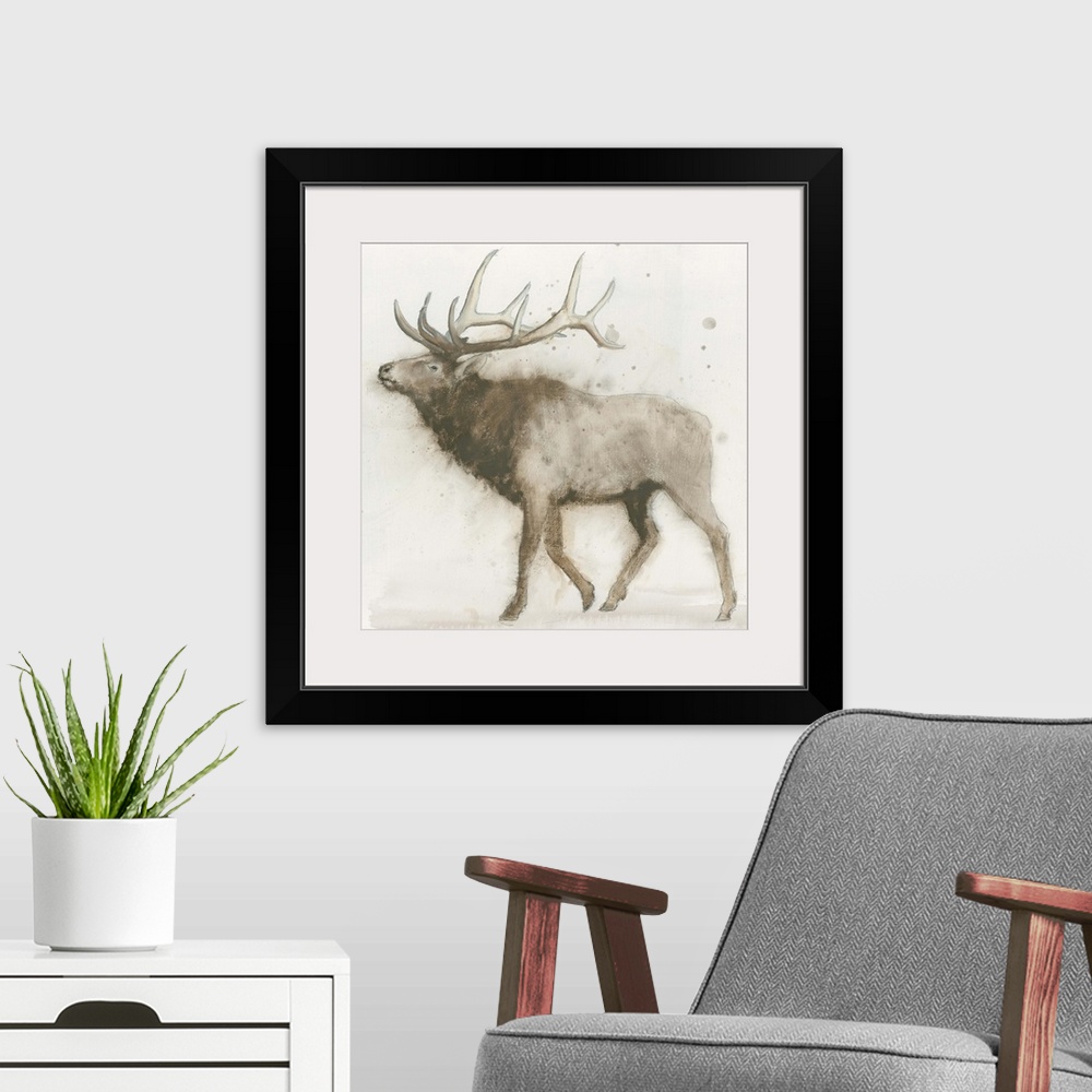 A modern room featuring Contemporary painting of an elk against an off white background.