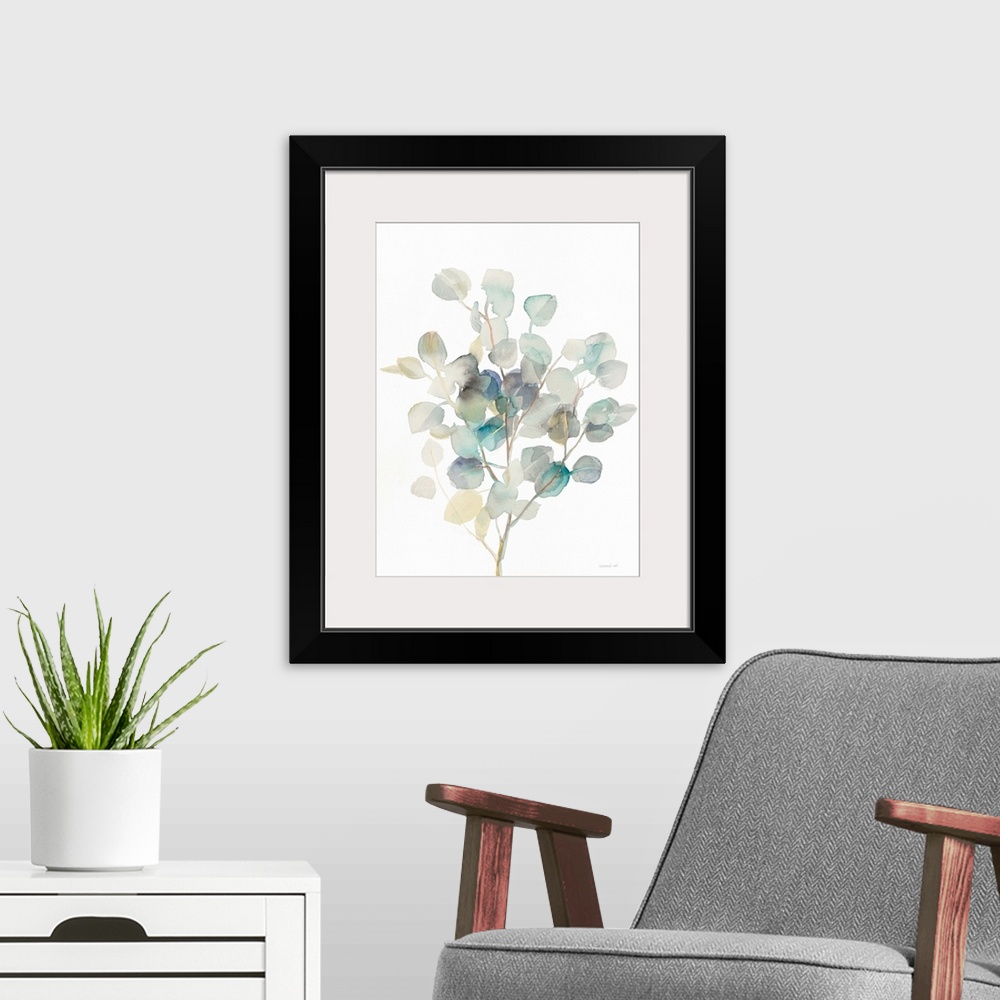 A modern room featuring Vertical watercolor painting of blue, green, gray, and yellow toned eucalyptus leaves on a white ...