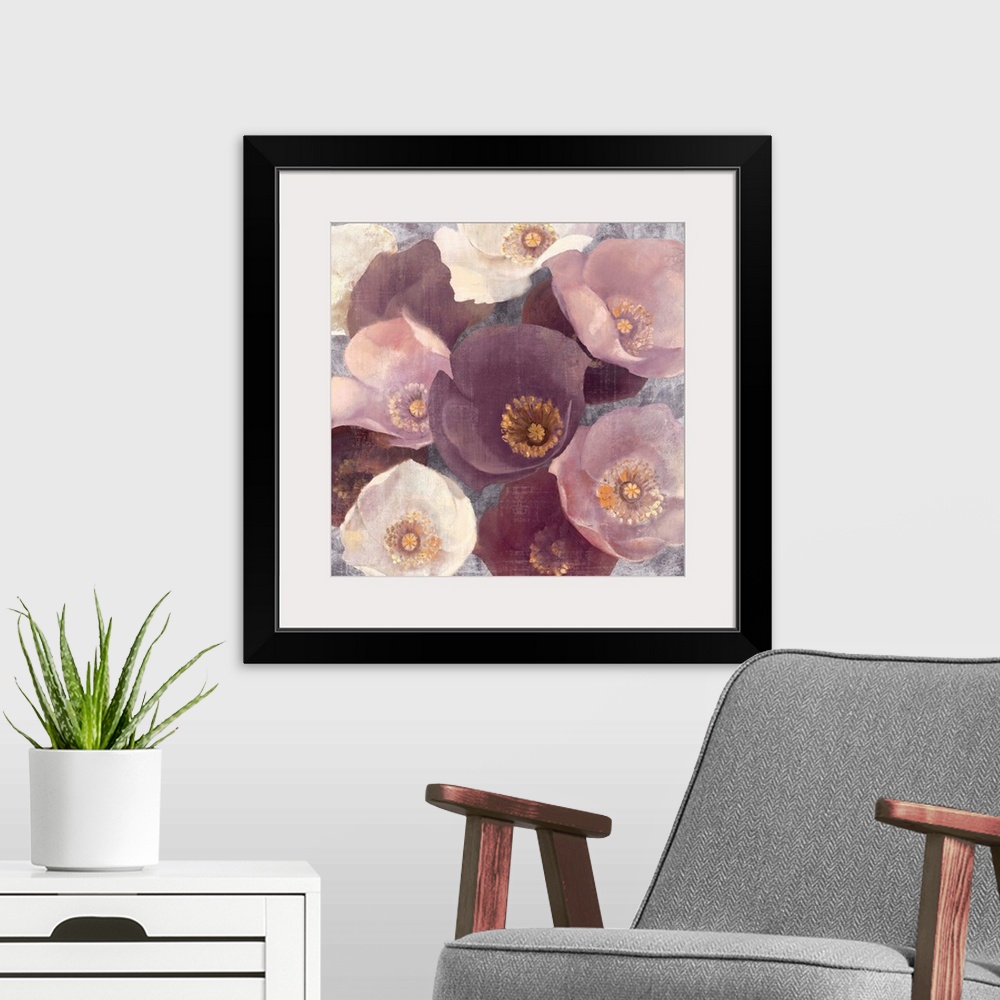 A modern room featuring Giant square floral artwork of a bunch of similar flowers in various colors, on a rough textured ...