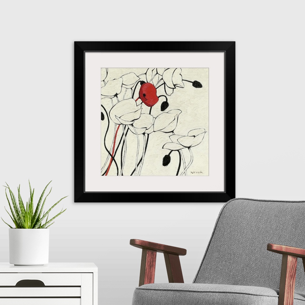 A modern room featuring Contemporary painting of a group of poppies done in a minimalist style, implementing simple linew...