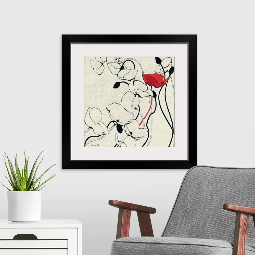 A modern room featuring Contemporary painting of a group of poppies done in a minimalist style, implementing simple line ...