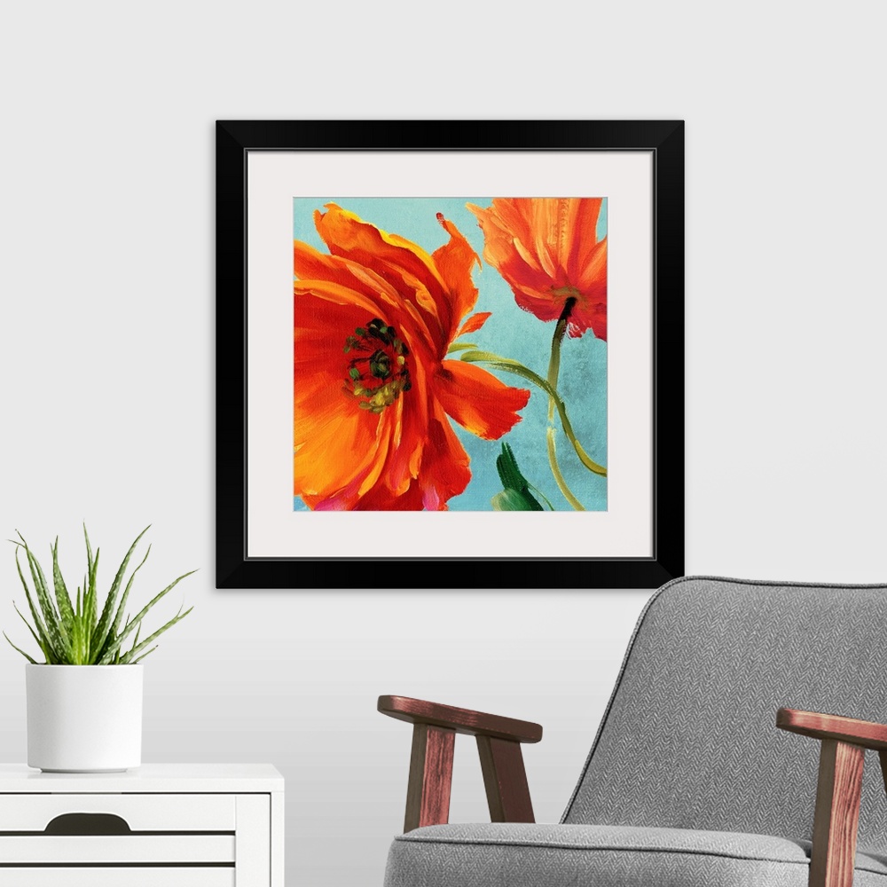 A modern room featuring Decorative art for the living room or kitchen this square painting is a close of up flower blosso...
