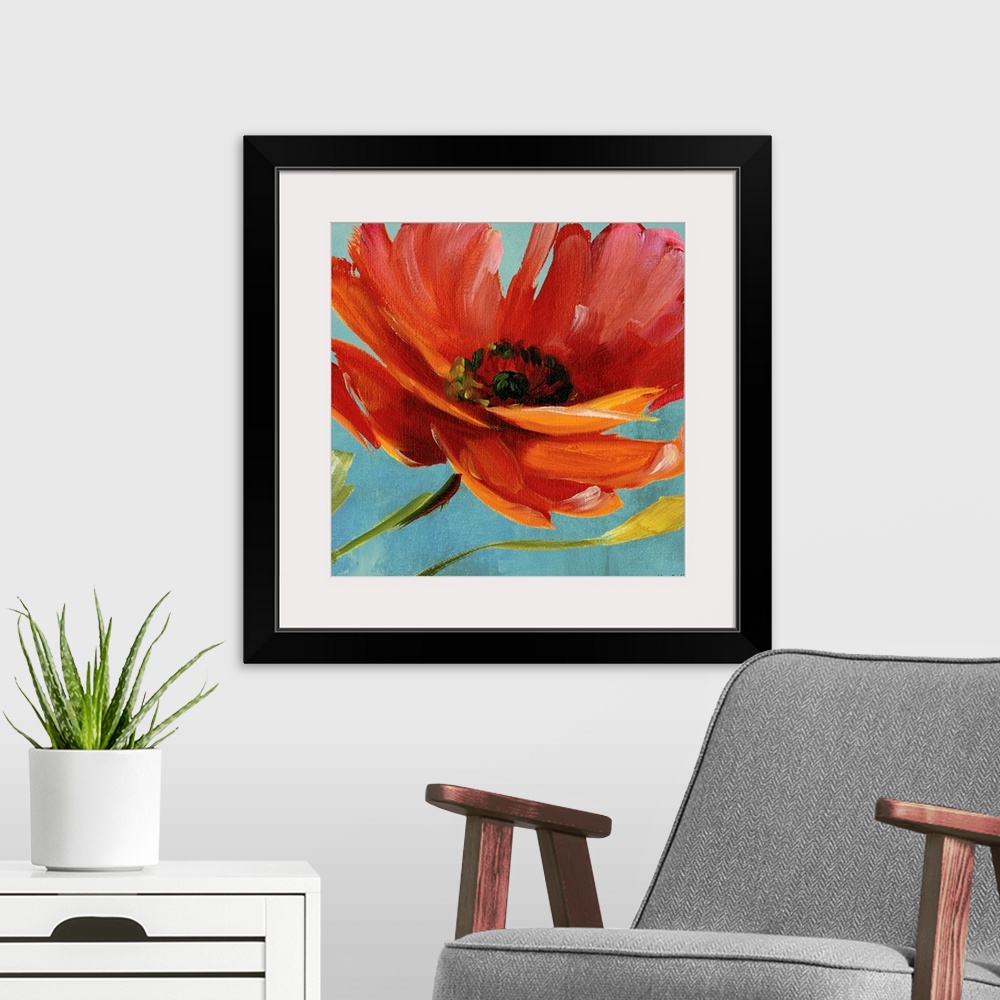 A modern room featuring Single poppy bloom dominates the entirety of this square shaped wall art of a contemporary painting.