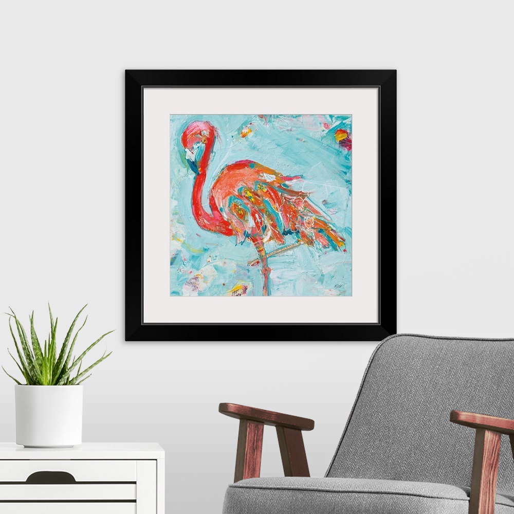 A modern room featuring Energetic brush strokes in bright colors create a poised flamingo adorned with floral elements an...
