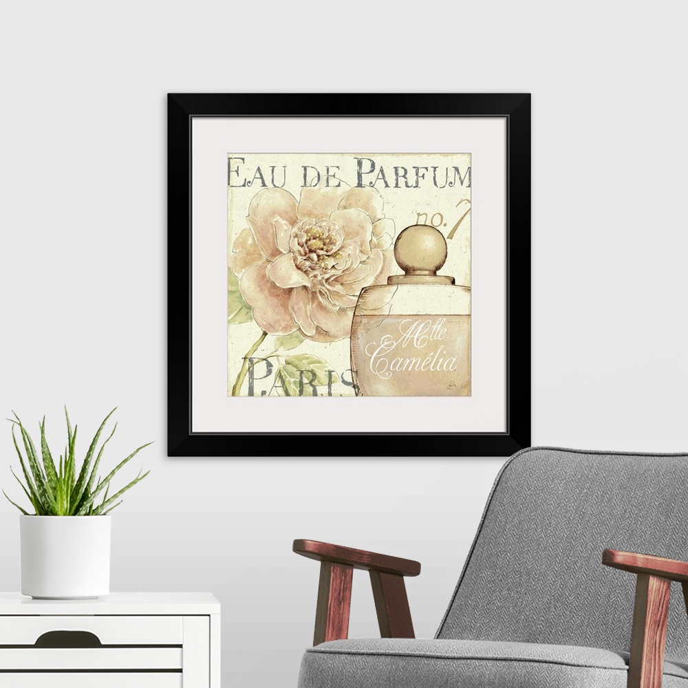 A modern room featuring Decorative drawing of a perfume bottle from Paris with a large pink peony flower blooming in the ...