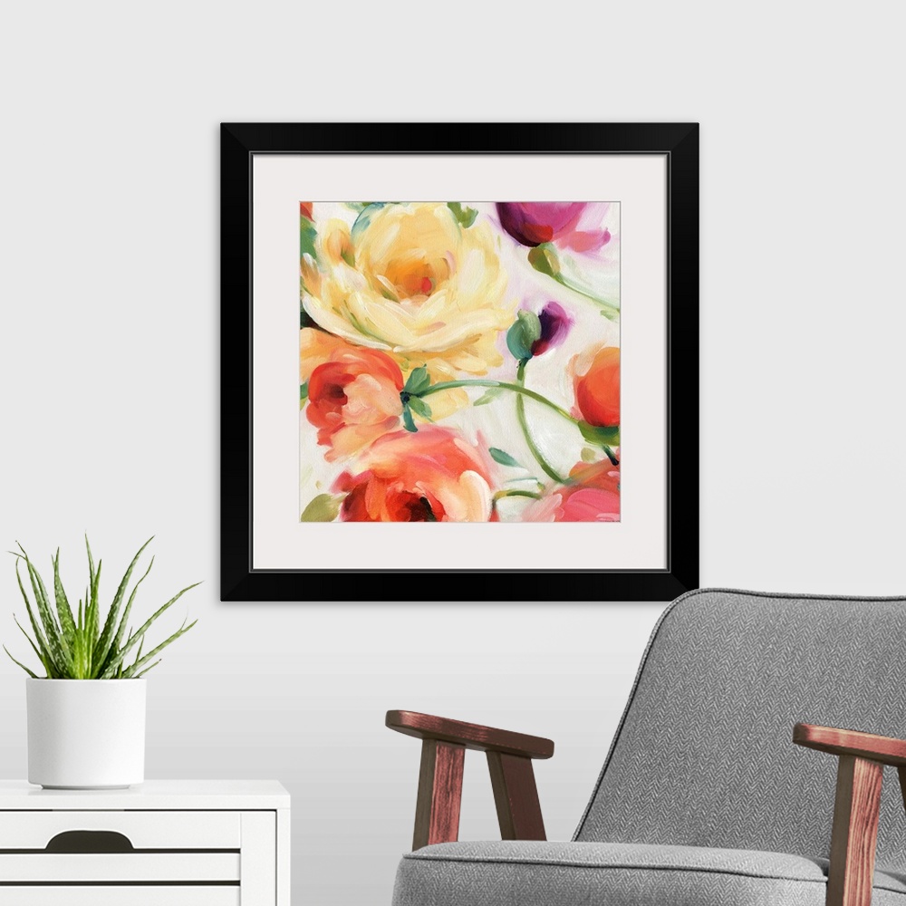 A modern room featuring Square contemporary painting of large flower blooms in bold brush strokes.