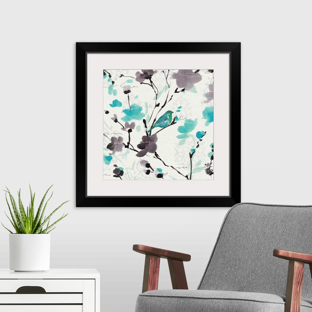 A modern room featuring Square abstract canvas of a bird sitting on a flowering tree's branch.
