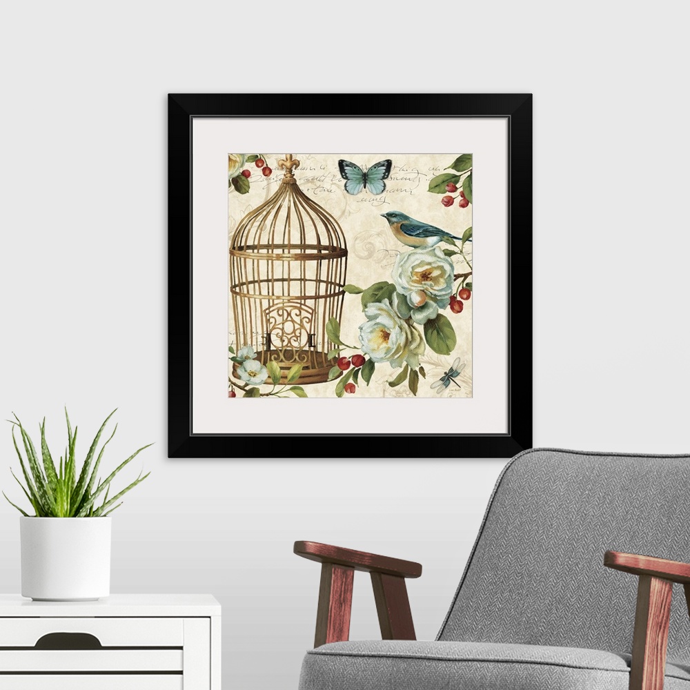 A modern room featuring Contemporary artwork of a hanging gold birdcage surrounded by flowers and garden wildlife, agains...
