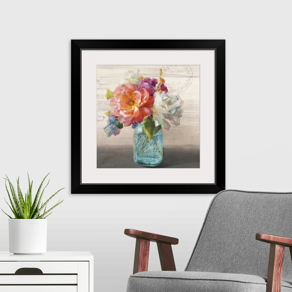 A modern room featuring Contemporary artwork of a bouquet of roses and peonies in a glass mason jar.