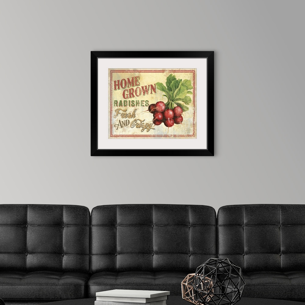 A modern room featuring Contemporary artwork of a vintage looking sign with radishes to the right of the image and text t...