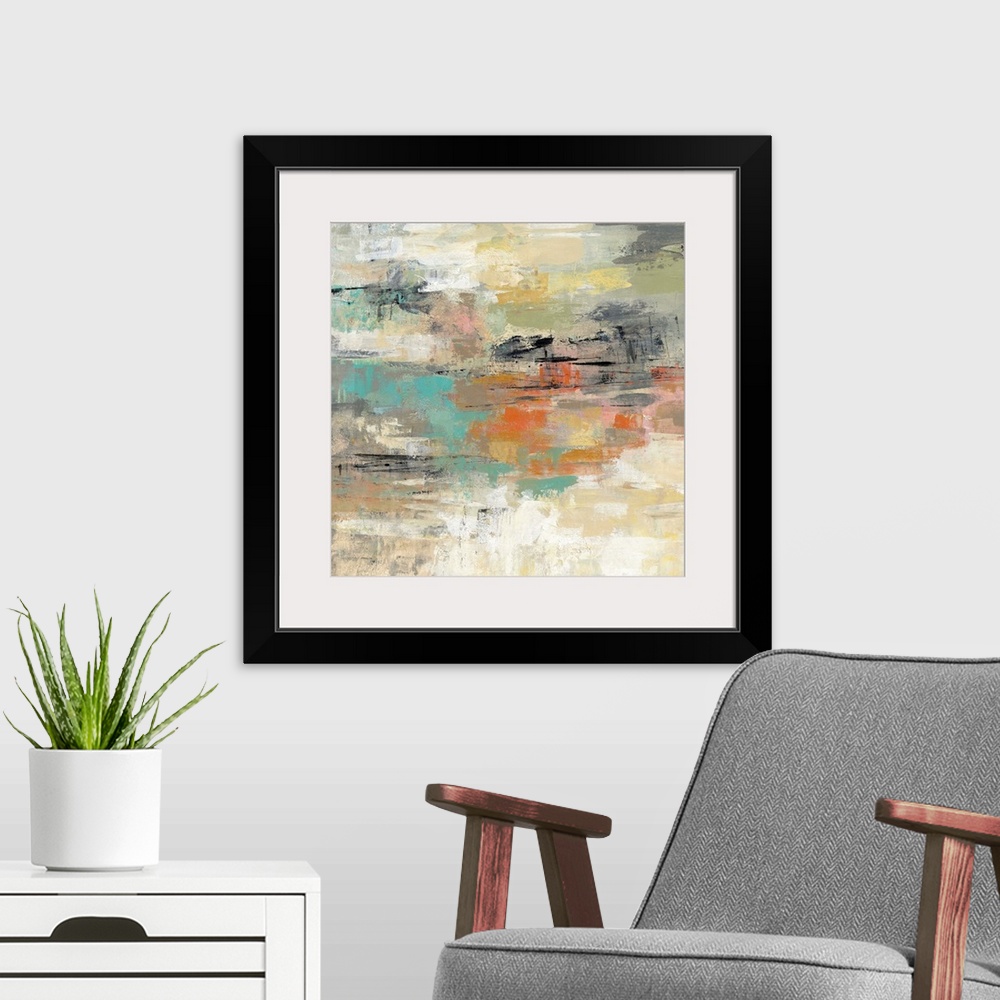 A modern room featuring Contemporary abstract artwork in neutral colors with a teal and orange center.