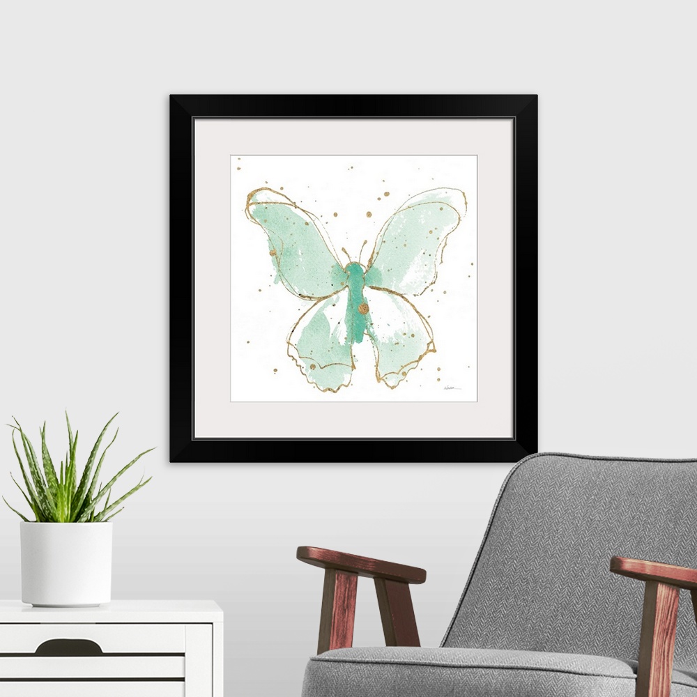A modern room featuring A square watercolor painting of a mint green butterfly outlined in gold with gold splatters.
