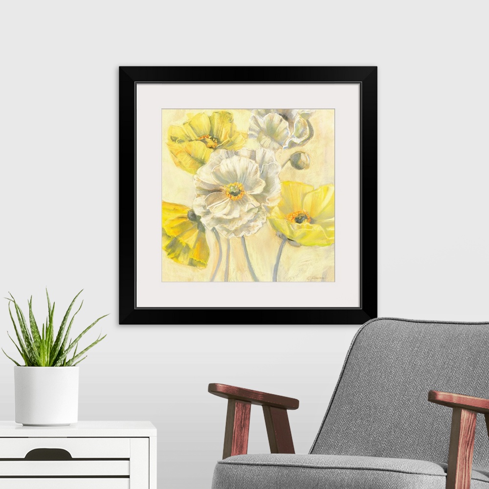 A modern room featuring Contemporary painting of flower blossoms and flower bud.   Linear  brush strokes create veining a...