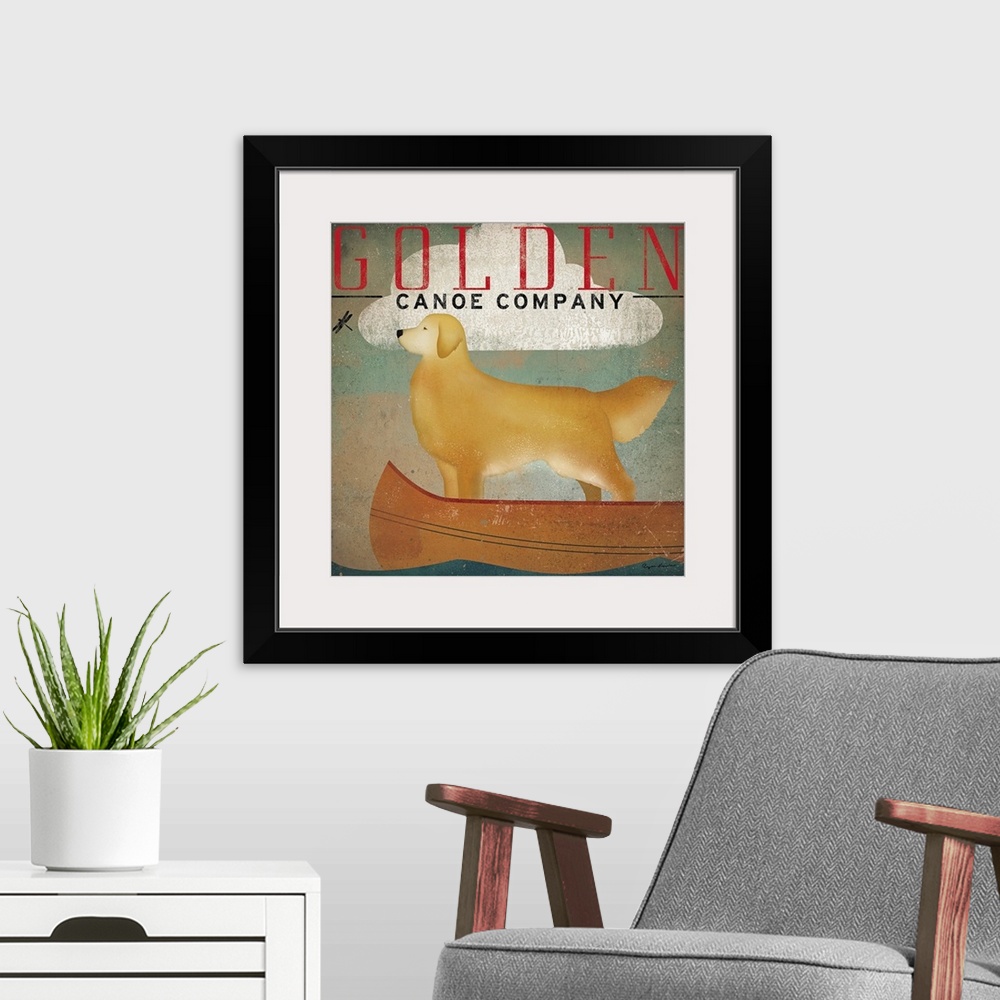 A modern room featuring Retro-style artwork of a golden retriever dog standing in a canoe under a single cloud, looking a...