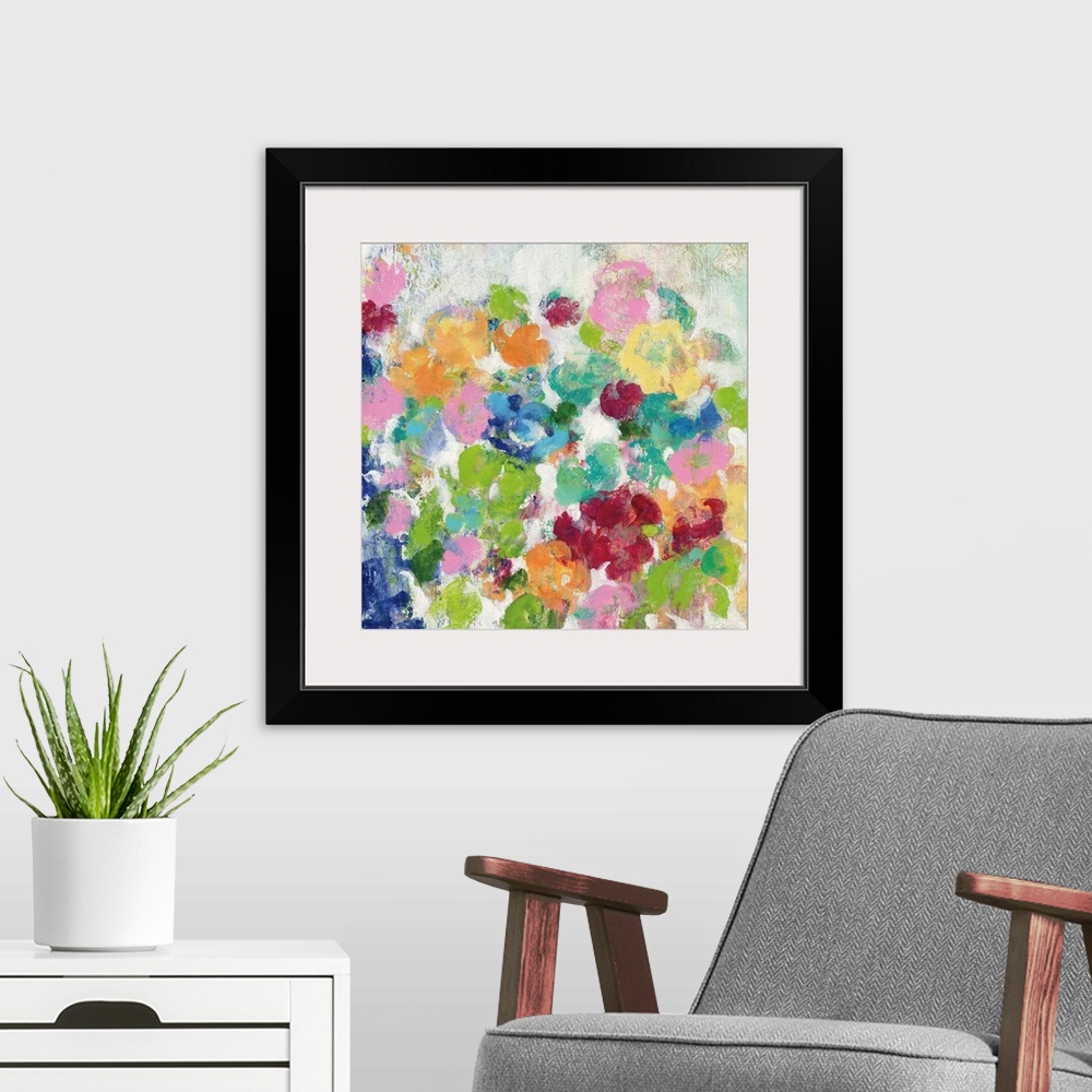 A modern room featuring Square painting of bright, colorful flowers with a distress appearance.