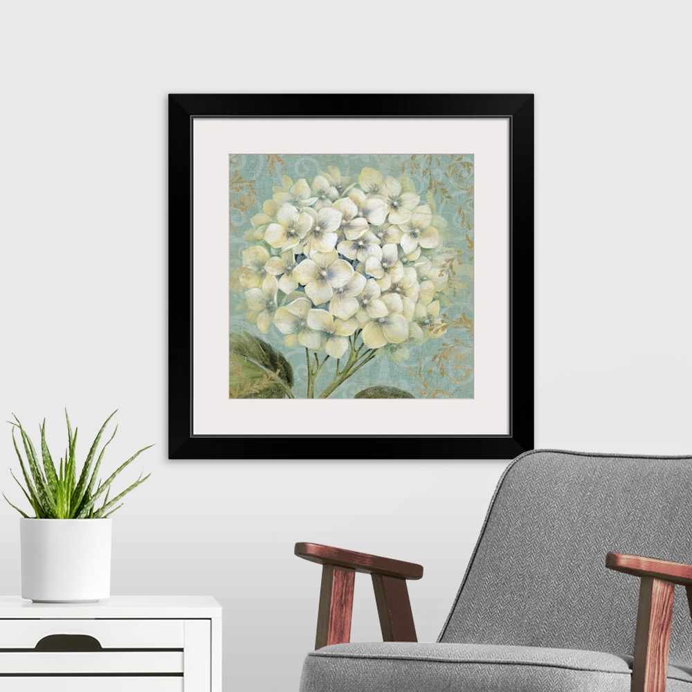 A modern room featuring Square, large home art docor of a branch of fully bloomed hydrangeas on a decorative background o...