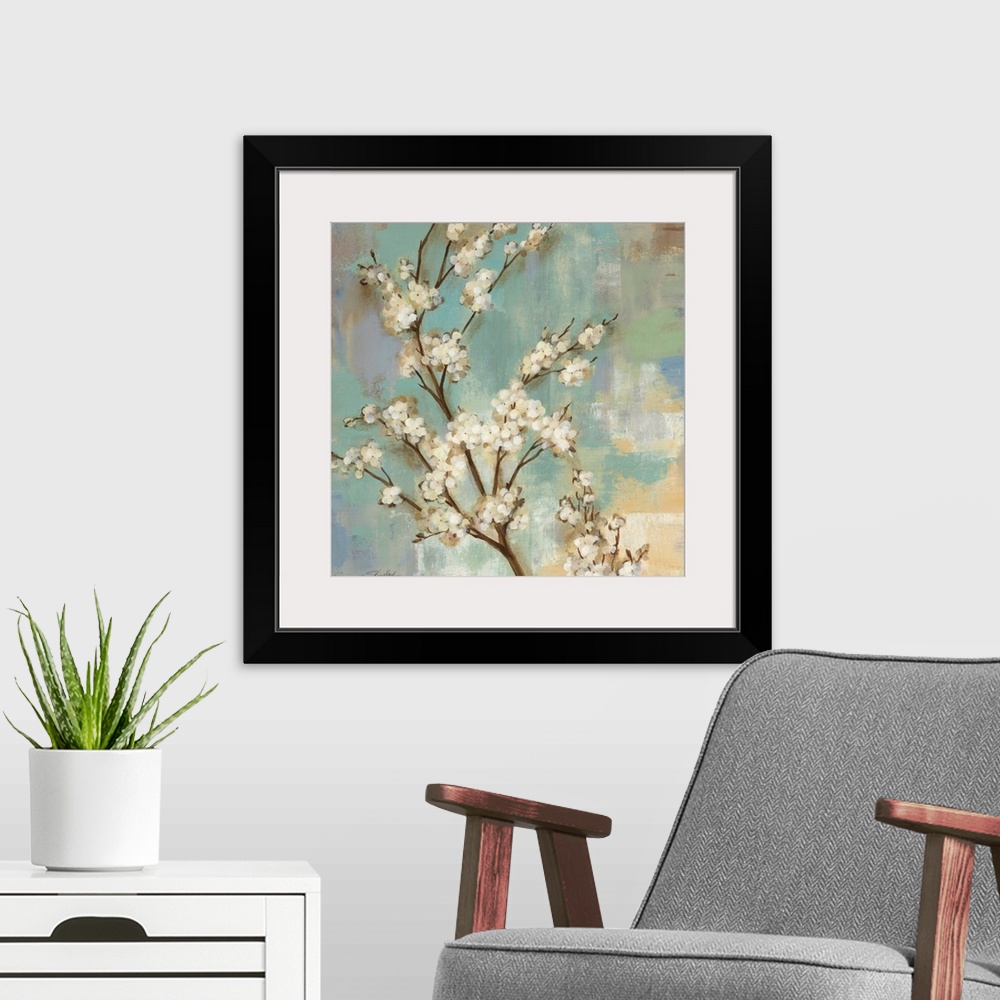 A modern room featuring Square painting on canvas of tree branches with blossoms on it against a pastel colored backgroun...