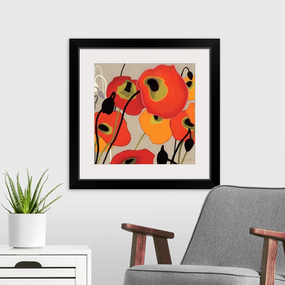 A modern room featuring This contemporary abstract painting showcases simplified poppies painted with flat colors over a ...