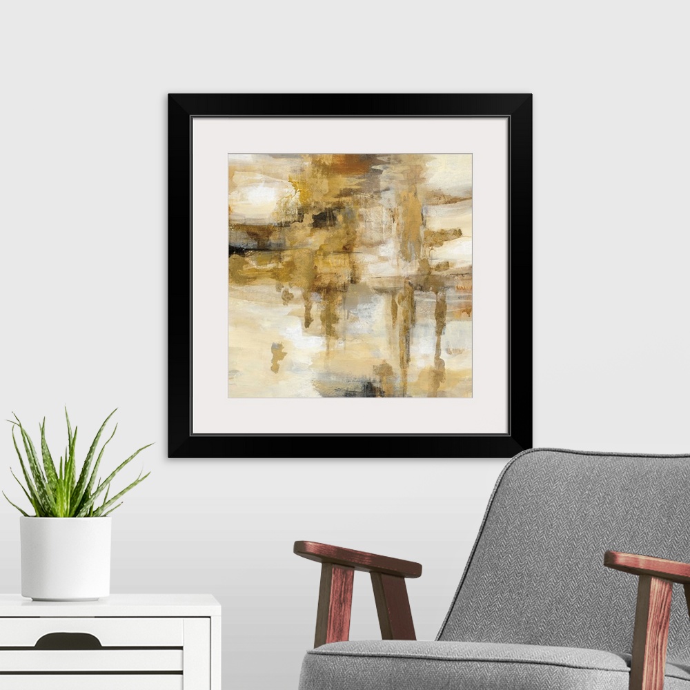 A modern room featuring Contemporary painting in golden shades.