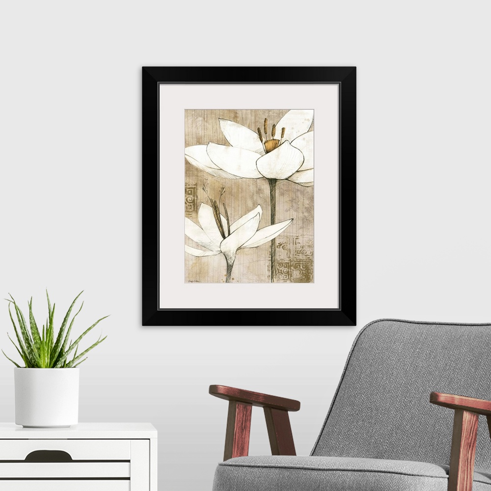 A modern room featuring Contemporary artwork of white flowers against a rustic and weathered looking background.