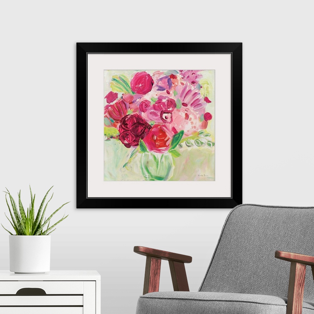 A modern room featuring Square painting of a bouquet of abstract flowers in a vase.