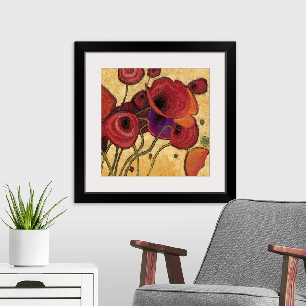 A modern room featuring Huge contemporary art centers on a group of poppy flowers sitting in front of a warm toned backgr...
