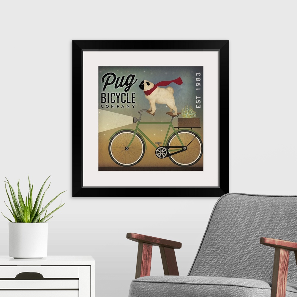 A modern room featuring Cute artwork of a pug wearing a scarf, riding a bicycle.