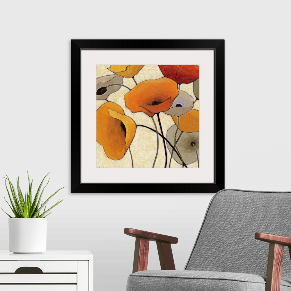 A modern room featuring Abstract painting of warm colored flowers with long thin stems.