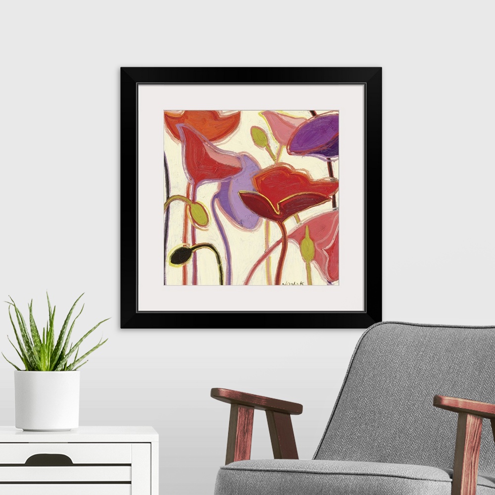 A modern room featuring Square, large home art docor of numerous flowers and buds extending upward, in a variety of color...