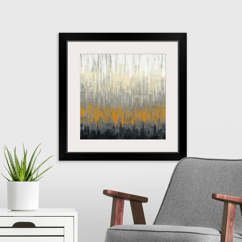 A modern room featuring A square abstract in jagged horizontal lines in cream, grey, orange and black.