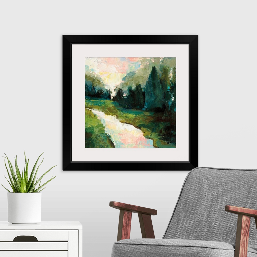 A modern room featuring Contemporary painting of a river running through a landscape.