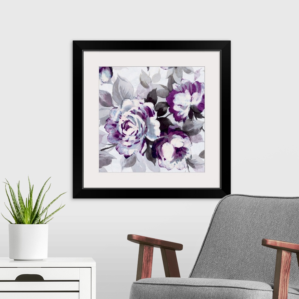 A modern room featuring Contemporary home decor art of a gray and purple flowers.
