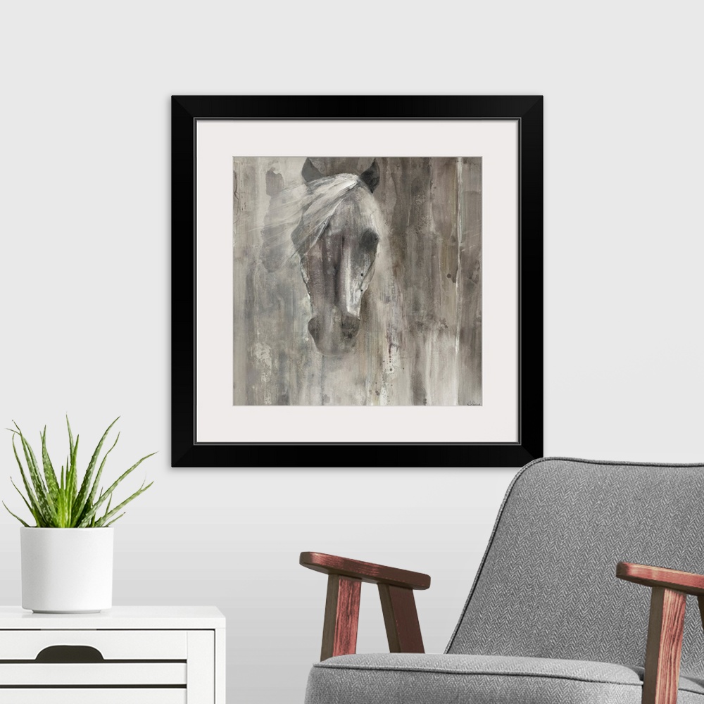 A modern room featuring Contemporary painting of a horse's face and mane in shades of grey.