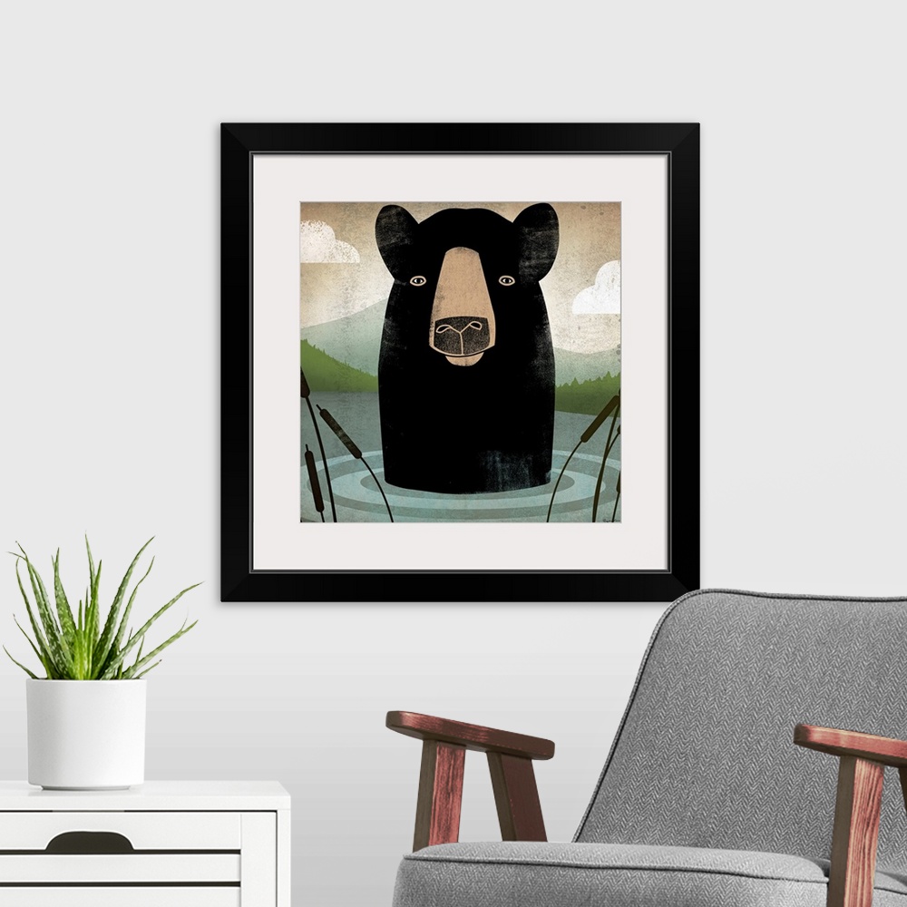 A modern room featuring Giant, square, contemporary artwork of an illustrated bear sticking its head out of the water, su...