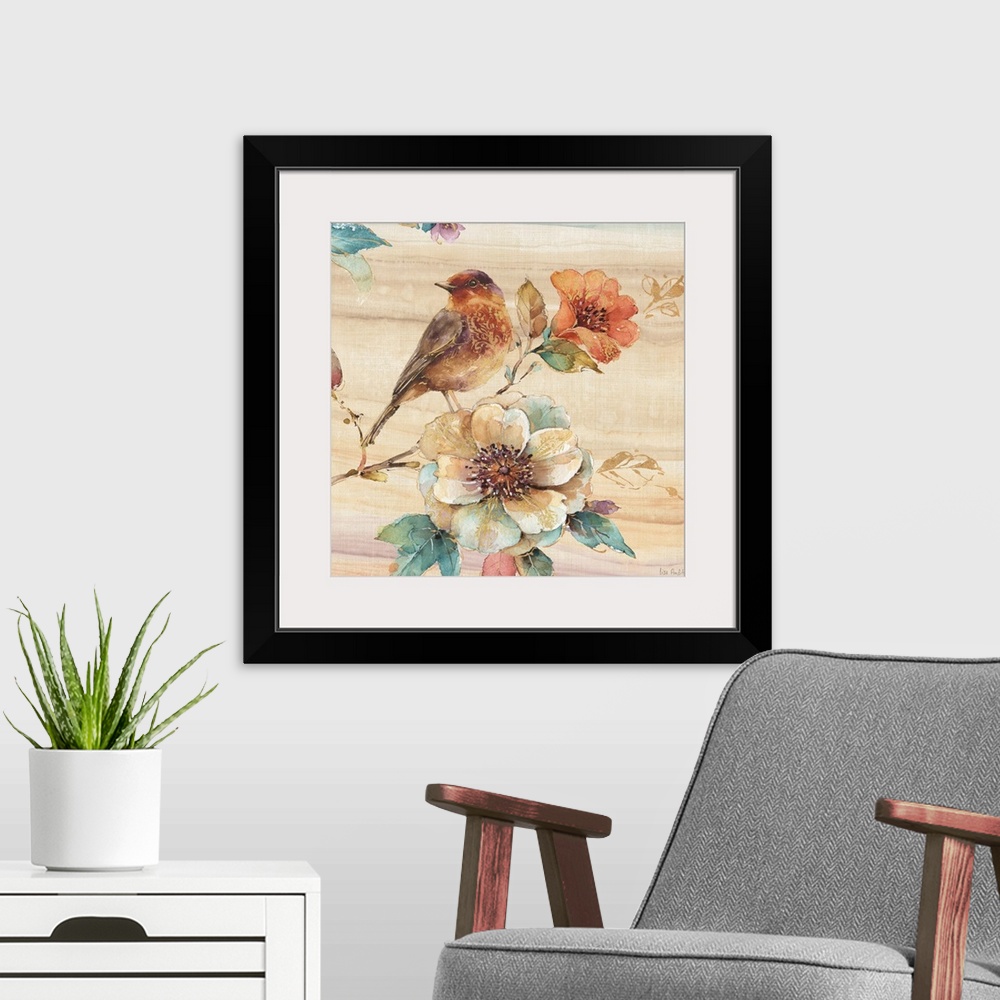 A modern room featuring Contemporary square painting of a bird standing on a flower in warm tones of brown, red and green.