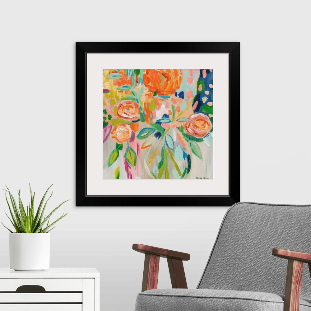 A modern room featuring Abstract square painting of a bouquet of flowers in bold shades of orange.