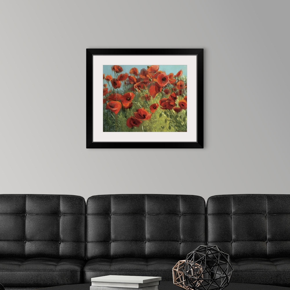 A modern room featuring Landscape, floral painting of many vibrant poppies in a grassy field against a blue sky.