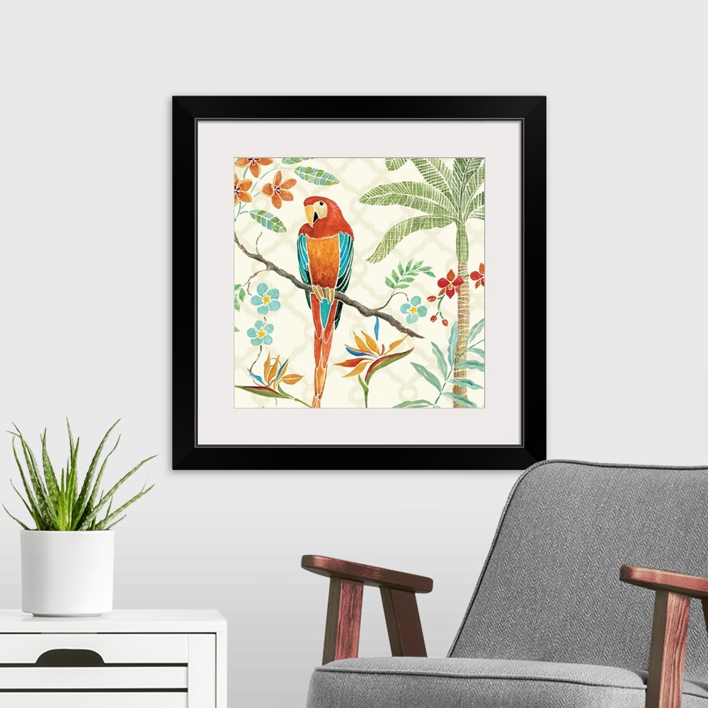 A modern room featuring Contemporary painting of a brightly colored parrot perched on branch, surrounded by flowers.
