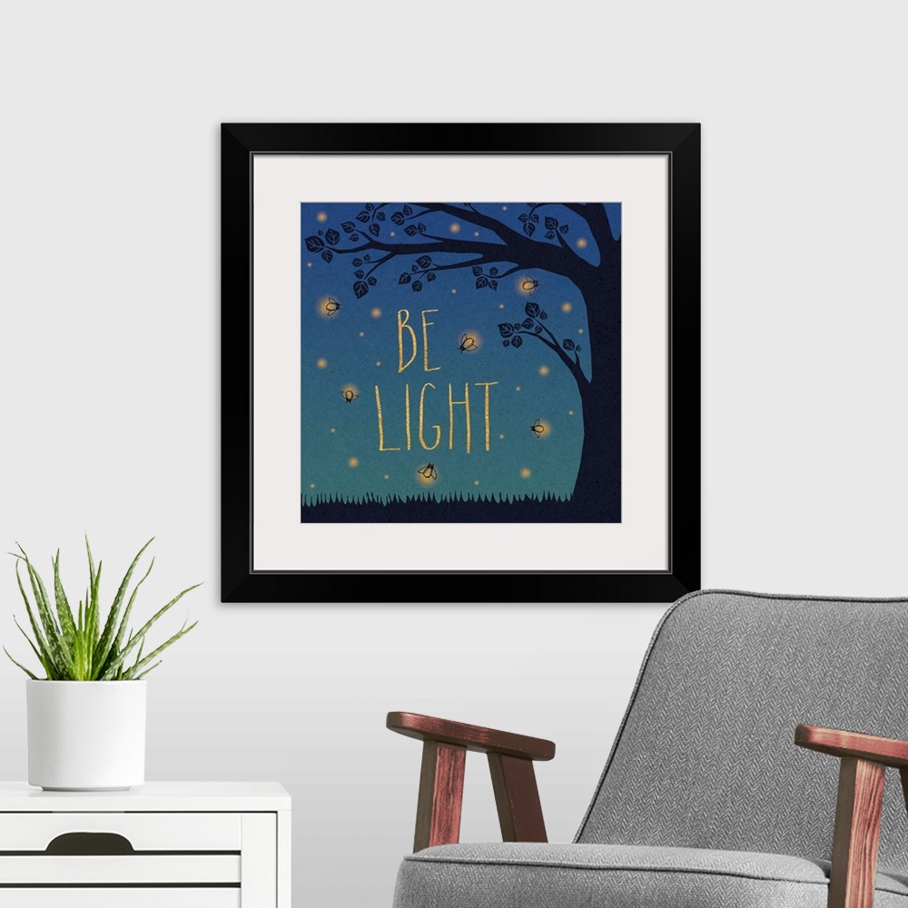 A modern room featuring "Be Light" in yellow letters surrounded by fireflies and a tree silhouette.