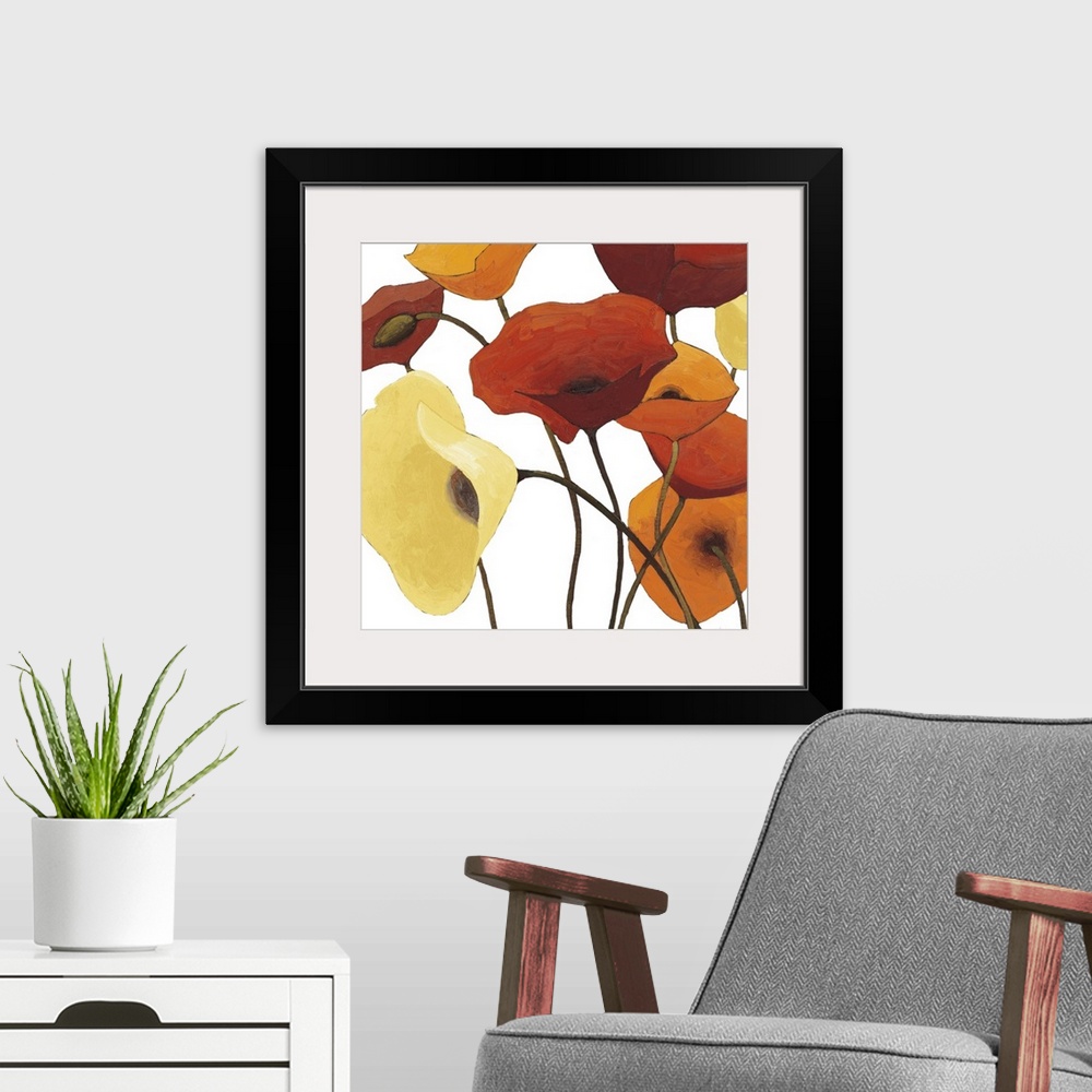 A modern room featuring Large square contemporary painting of orange, yellow and red poppies.