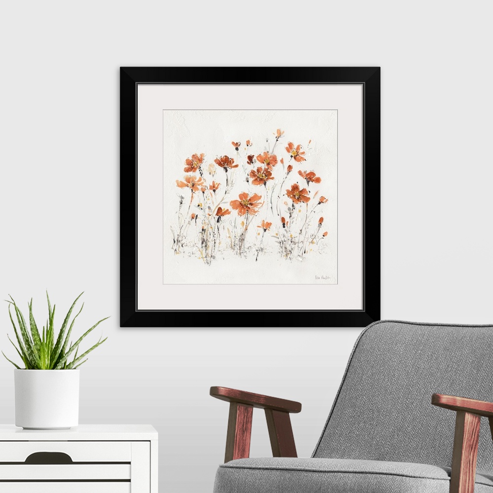 A modern room featuring Contemporary artwork of orange wildflowers sprouting from a textured white background.