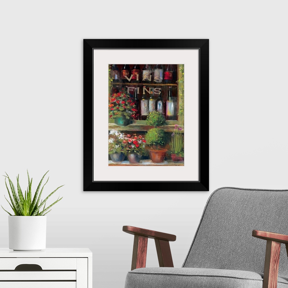 A modern room featuring Painting of flowers and plants outside of a window sill with bottles lining the inside view on sh...