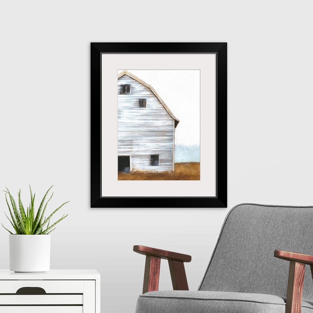 A modern room featuring Horizontal brush strokes and a soft amber landscape form to make a cropped image of a white worn ...