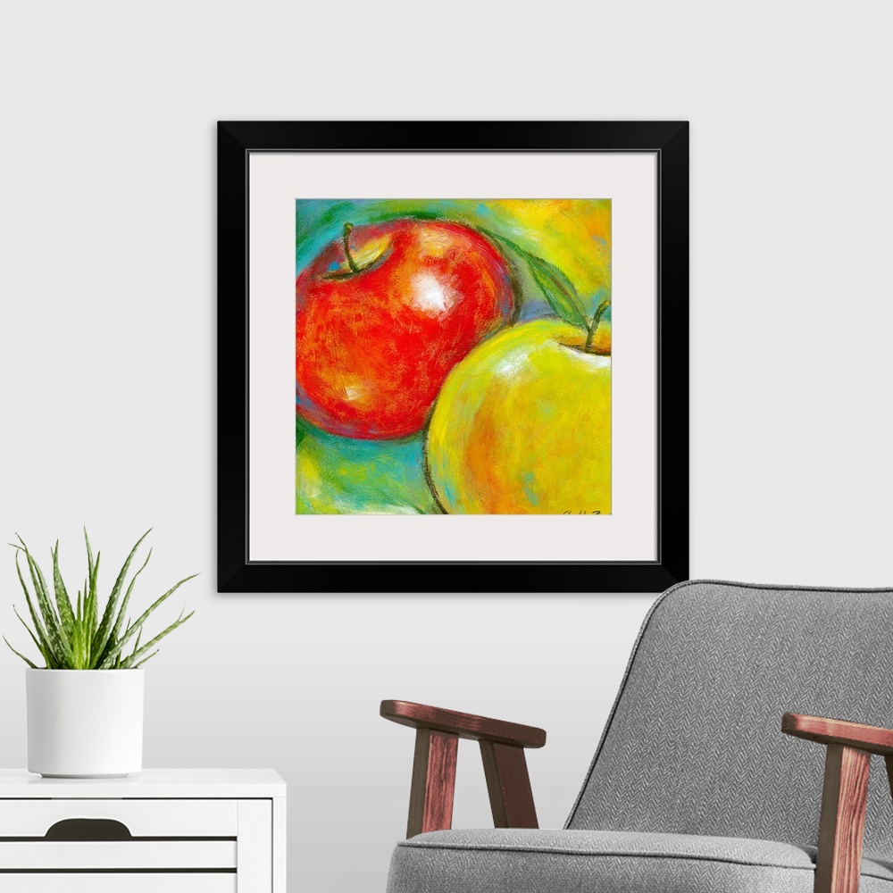 A modern room featuring Giant contemporary art includes a close-up of two apples placed in front of a background incorpor...