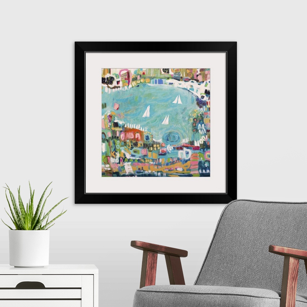 A modern room featuring Contemporary painting of an aerial view of a coastal town with sailboats in the bay.