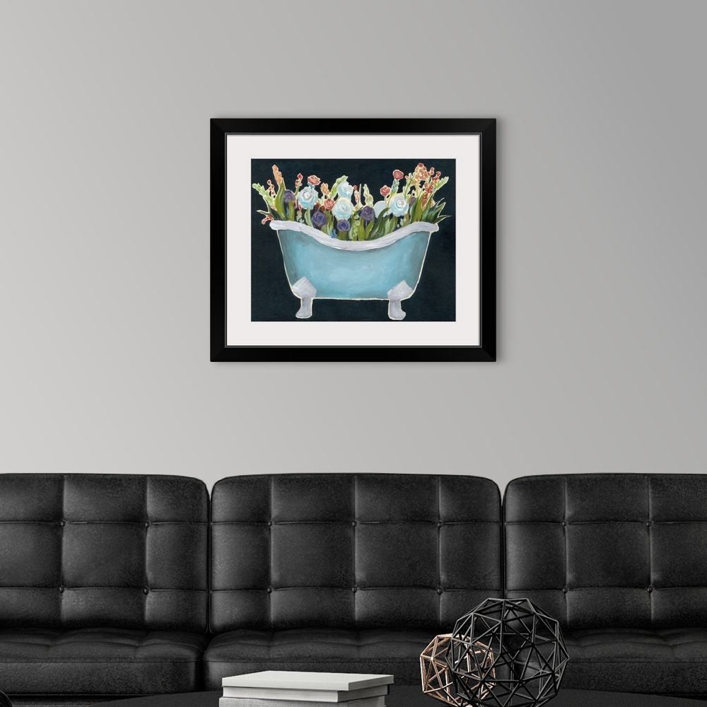 A modern room featuring Contemporary painting of a blue bathtub filled with colorful flowers against a dark blue background.